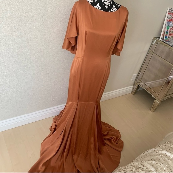 Zac Posen Open Back Evening Gown SZ 12 NWOT Copper Caramel Mermaid Flutter - Picture 1 of 11